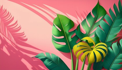 vibrant tropical illustration with banana plants monstera leaves and palm shadows on pink background