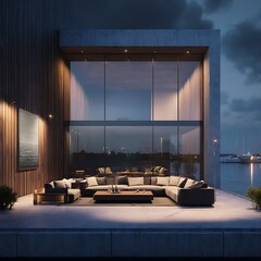Waterfront property with a living room captured in twilight atmosphere, showing modern architecture, detailed textures, and clean surroundings.