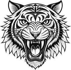 a drawing of a tiger head vector illustration Icon of a tiger head hand drawn in engraving style Fierce Tribal Tiger Tattoo Design Bold Black and White Ink Art  © Silhouette Master