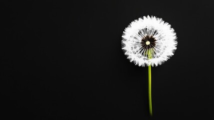 A fluffy white dandelion seed head stands isolated against a stark black background, a macro view highlighting its delicate beauty