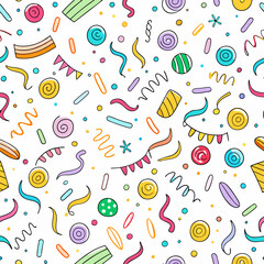 Festive party pattern with colorful sweets and decorations