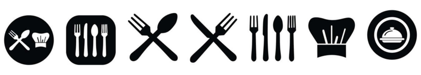 Catering icon set. Containing fork, spoon, knife, plate, cloche, tray, chef hat, beverage, food, dining table, and waiter. Cutlery or tableware in restaurant. Vector illustration.