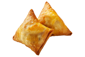 Golden brown crispy samosas isolated on white transparent background, traditional Indian snack concept with fried texture