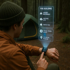 Smartwatch Fire-Building Guide in the Wilderness, Smartwatch with Hovering Hologram Concept