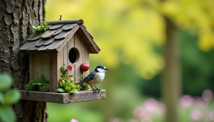 Charming birdhouse adds rustic charm to home exterior, perfect spring decor , birdhouse decoration, fall, house