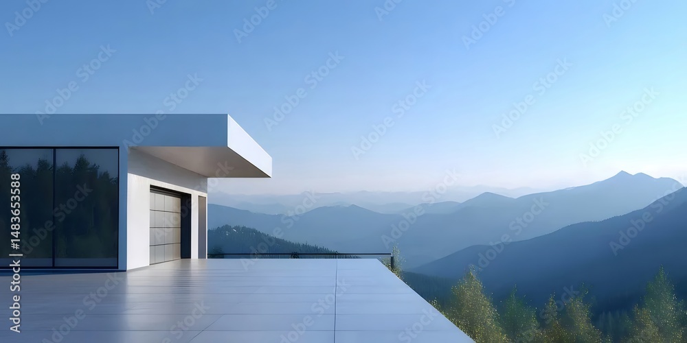 Aufkleber モダンな白い家のテラスからの山々のパノラマの景色 青い空の背景を持つミニマリスト建築デザイン