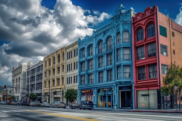 Obraz premium Stunning Architectural Marvels of Los Angeles: Figueroa Street Amidst Vibrant Skies and Urban Life