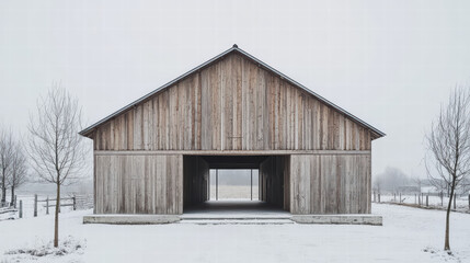 Winter Barn in Snow: A rustic wooden barn stands majestically in a snowy landscape, its weathered gray wood contrasting beautifully with the pristine white snow.