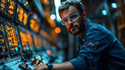 Obraz premium A man operating an industrial control panel monitoring production data