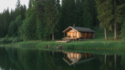 Obraz premium Lakeside Cabin in Summer Forest with Reflections