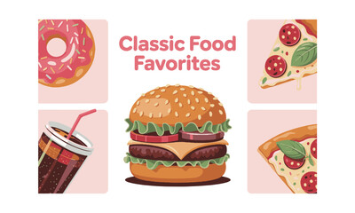 Modern vector illustration set of classic fast food and snack items, easily scalable and editable.