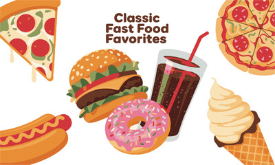 Modern vector illustration set of classic fast food and snack items, easily scalable and editable.