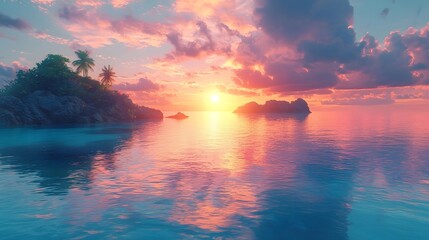 Tropical island at sunrise with vibrant sky reflection on crystal clear waters