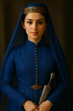 Femme noble m&eacute;di&eacute;vale en robe bleue tenant une dague orn&eacute;e

