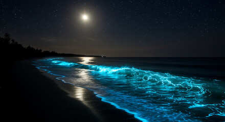 Conceptual image of a glowing bioluminescent wave at night, sparkling along the shoreline — magical, rare natural phenomenon