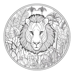 Lion Head in Jungle Coloring Page: Detailed Animal Mandala Art