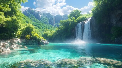 Lush tropical island with cascading waterfalls and crystal clear waters