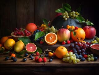 Assortment of Fresh Fruits on Wooden Table.
