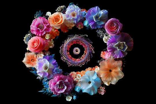 A floral wreath with roses and other flowers surrounding a colorful swirling vortex on black background