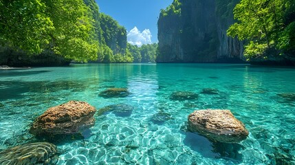 Tranquil tropical island cove with emerald waters and towering limestone cliffs