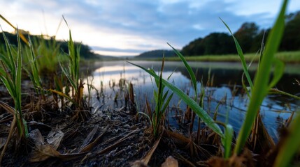 Fototapeta premium Early morning light illuminates a peaceful riverbank. Fresh green grass grows close to the water, while soft clouds float in the sky, creating a tranquil atmosphere
