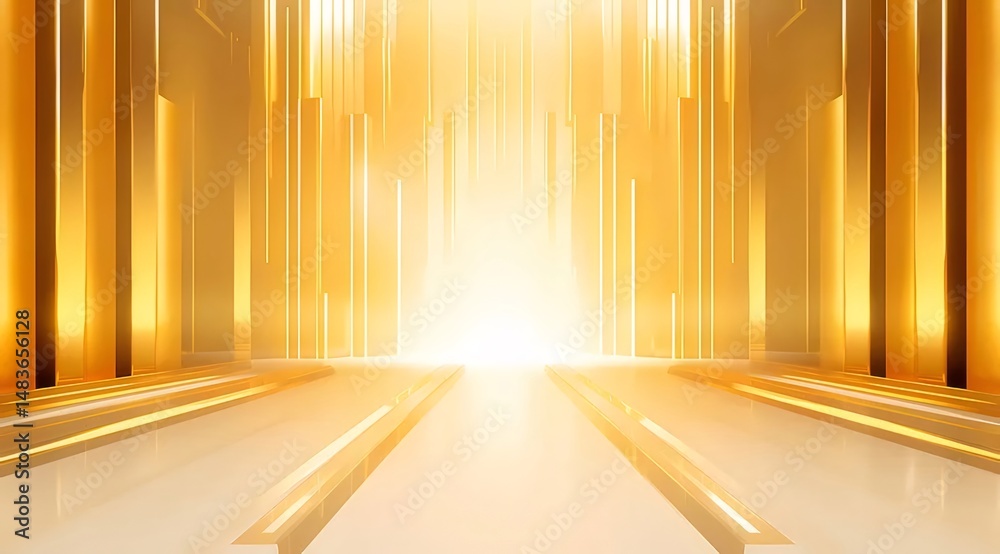 Poster 光沢のある黄金の抽象的な背景にメタリックゴールドの光の柱と明るい光の焦点抽象的な豪華なデザイン