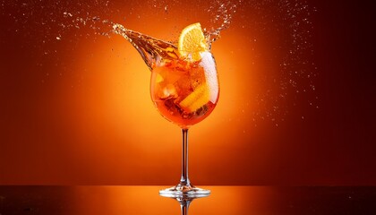 a glass of aperol spritz with splashes on an orange background