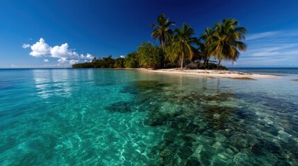 Fototapeta premium Bright turquoise waters reflect the sun as palm trees sway gently on a secluded beach. The clear skies and vibrant landscape create a perfect tropical getaway