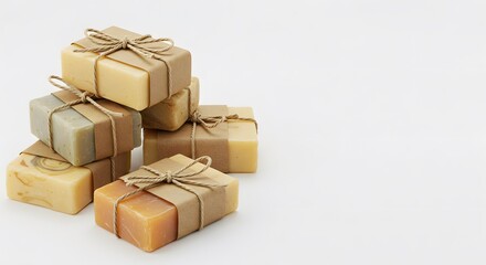 Stack of handmade soap bars wrapped in kraft paper and twine isolated on white background