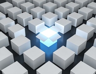 Obraz premium Glowing Open Box Amidst Numerous Closed White Boxes