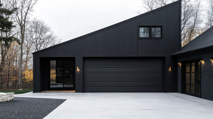 Obraz premium Modern Home Exterior: A contemporary home exterior showcases a striking blend of architectural design with dark tones, geometric shapes, and minimalist aesthetics.