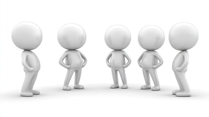 A group of five white faceless stick figures standing in a row on a white background in a studio shot