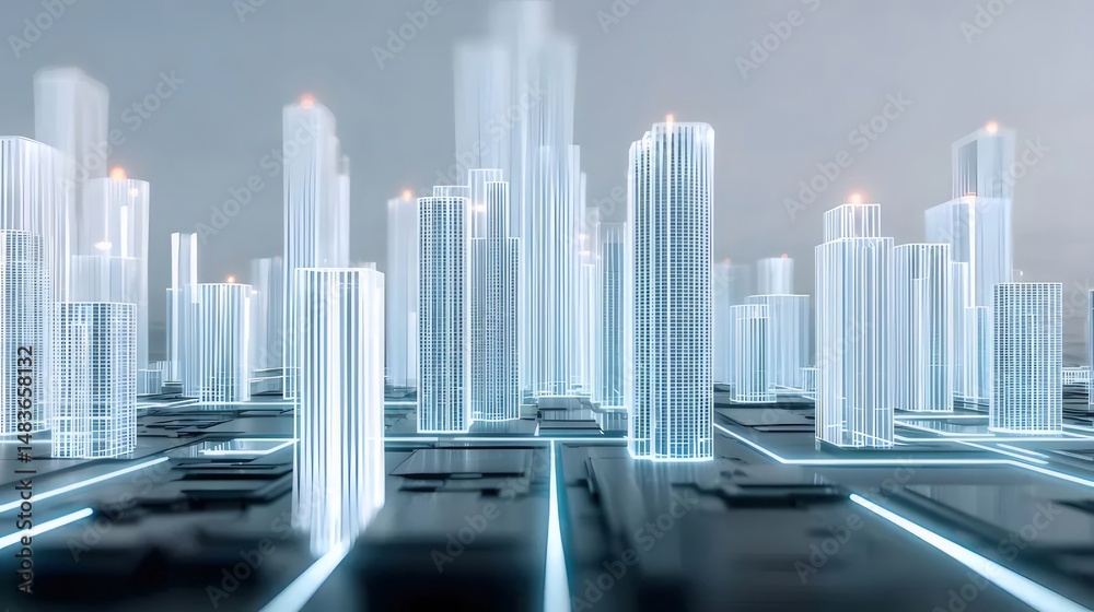 Aufkleber 青と白のライトが輝く未来的な都市景観の3dレンダリング 高層ビルと抽象的なテクノロジーのネットワークが特徴