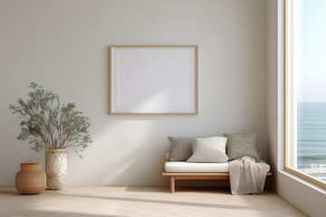 Relaxing living room scene with neutral decor and ocean view minimalist style natural light modern design