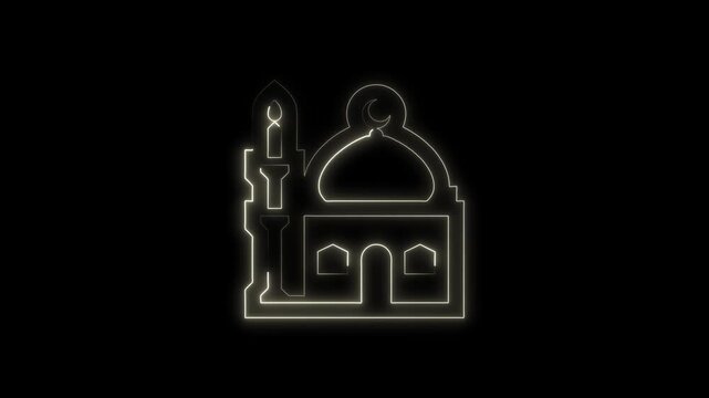 Glowing neon line orchid masjid icon animation on black background, Abstract neon glowing color masque icon animation, Mosque icon animation in flat line style