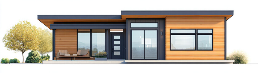 Modern Home: A sleek, contemporary home showcases minimalist architecture with clean lines, large windows, and natural wood elements, epitomizing modern living and design.