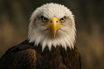 Obraz premium Bald eagle with yellow beak soaring gracefully.