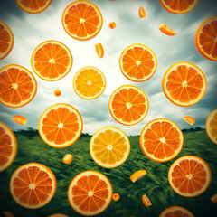 A seamless pattern of orange, lemon, and grapefruit slices on a summer background displayed in a professional editorial style. The image features volumetric lighting, smooth gradient transitions
