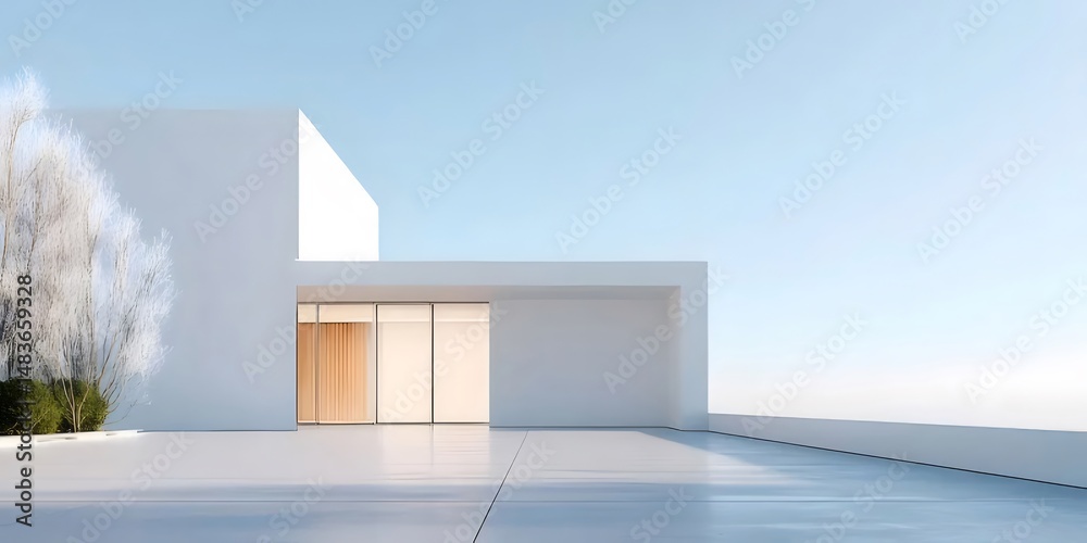 Aufkleber 明るい空の下の白い幾何学的な家のミニマリスト外観デザイン エレガントなスタイルの建物と庭がある現代的な高級住宅