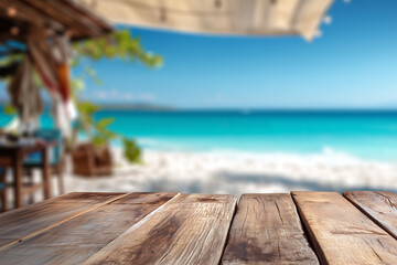 Obraz premium Wooden Tabletop on a Tropical Beach Background