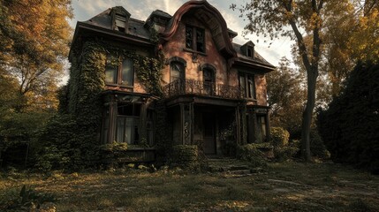 Obraz premium Abandoned house covered in ivy and overgrowth. Broken windows and aged facade create eerie mood in natural overgrown surroundings. Generative AI