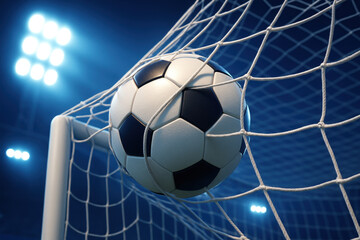 Soccer ball in goal net.