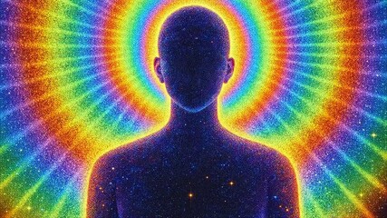 Human silhouette on the background of bright iridescent aura, energy field with shimmering particles and smooth transitions of color.   Human and the universe, connection with the cosmos, energy flows