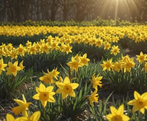 Obraz premium Sunlit field of vibrant yellow daffodils in full bloom , petals, closeup