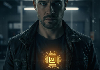 A determined man's face with an ai circuit design symbolizes technological advancement and the future.