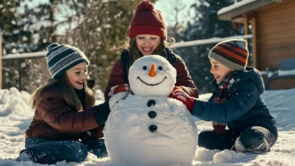 two girls and boy building snowman on snowy day, winter scene of happy children in the snow - Powered by Adobe
