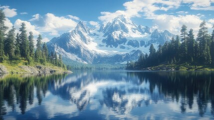 Clear lake reflects pine trees and snow-covered mountains beneath bright blue sky. Rocky shoreline and crystal water enhance peaceful scene with vivid colors and sharp natural details. Generative AI