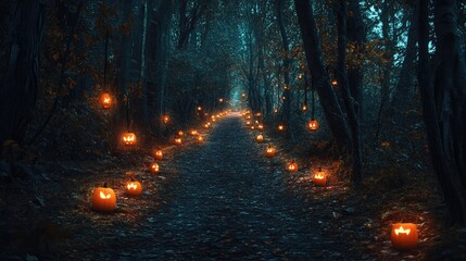 Obraz premium Forest path lined with glowing jack-o-lanterns and lanterns hanging from trees. Halloween scene with carved pumpkins lighting dirt road in enchanted woodland. Generative AI