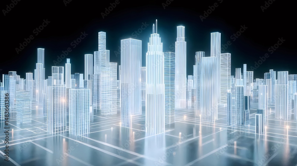 Aufkleber 光沢のある透明な青と白の未来的な都市のスカイライン 3d レンダリングと黒い背景