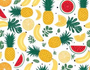 Seamless tropical fruit pattern in hand-drawn style on white background. perfect for packaging and textiles.